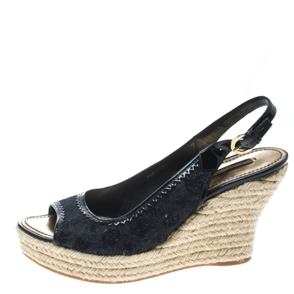 Louis Vuitton Black and Tan Wedge Sandals 36.5/ 6.5